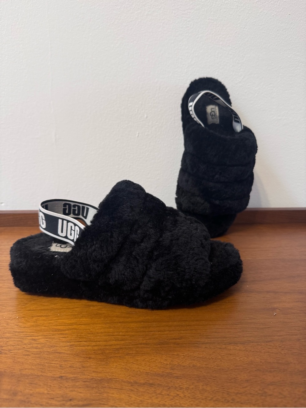 UGG Black Fuzzy Slide Sandals with Branded Heel Strap